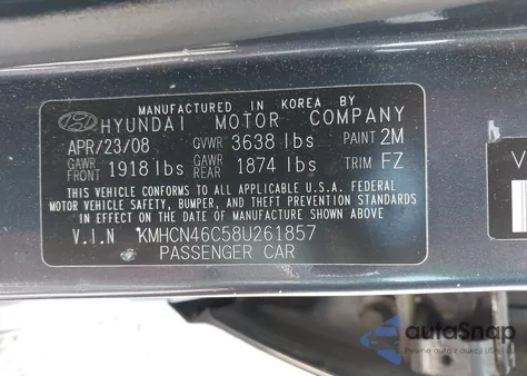 2008 Hyundai Accent Gls from USA, damaged, VIN KMHCN46C58U261857
